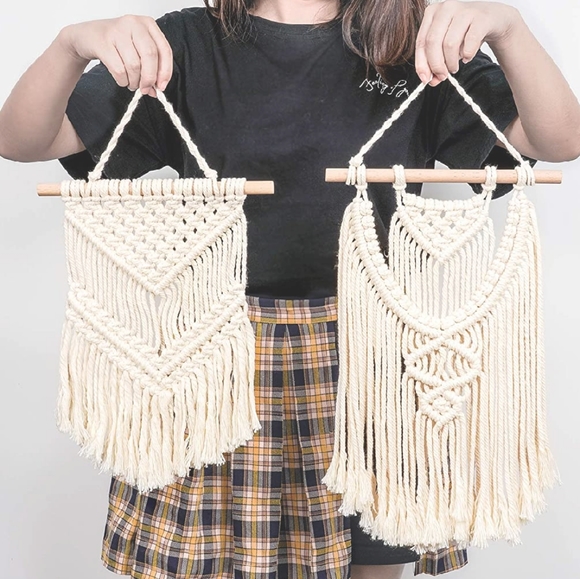 2 Pcs Anthropologie Ivory Macrame Wall Hanging Art Wall Decor - Picture 2 of 4